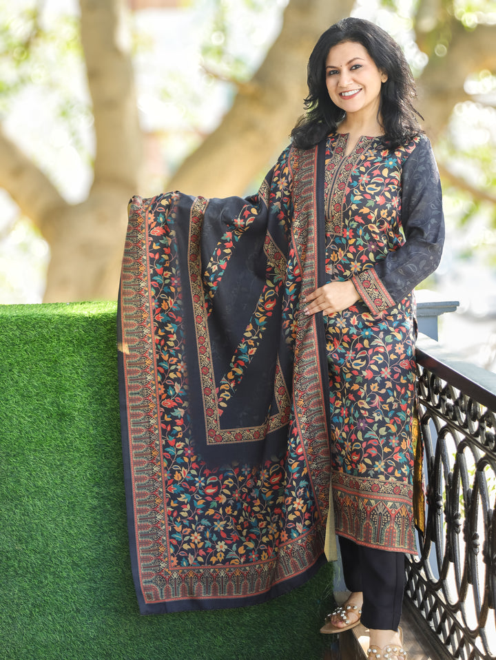 Saawari Ebony Black Round Neck Kanni Print Semi Pashmina 3 Piece Set