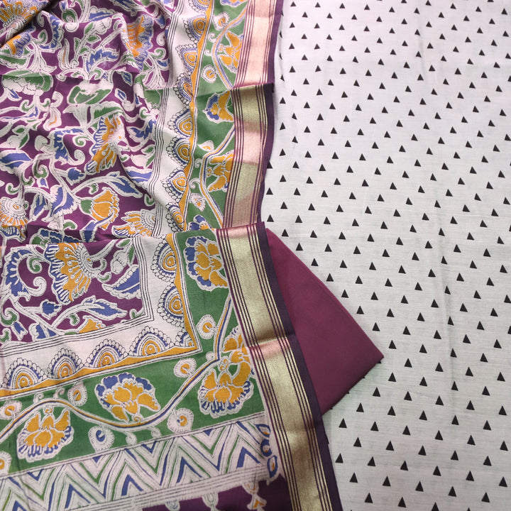 Tamanna Sand Beige with Wine Kalamkari Print Maheswari Chanderi Set