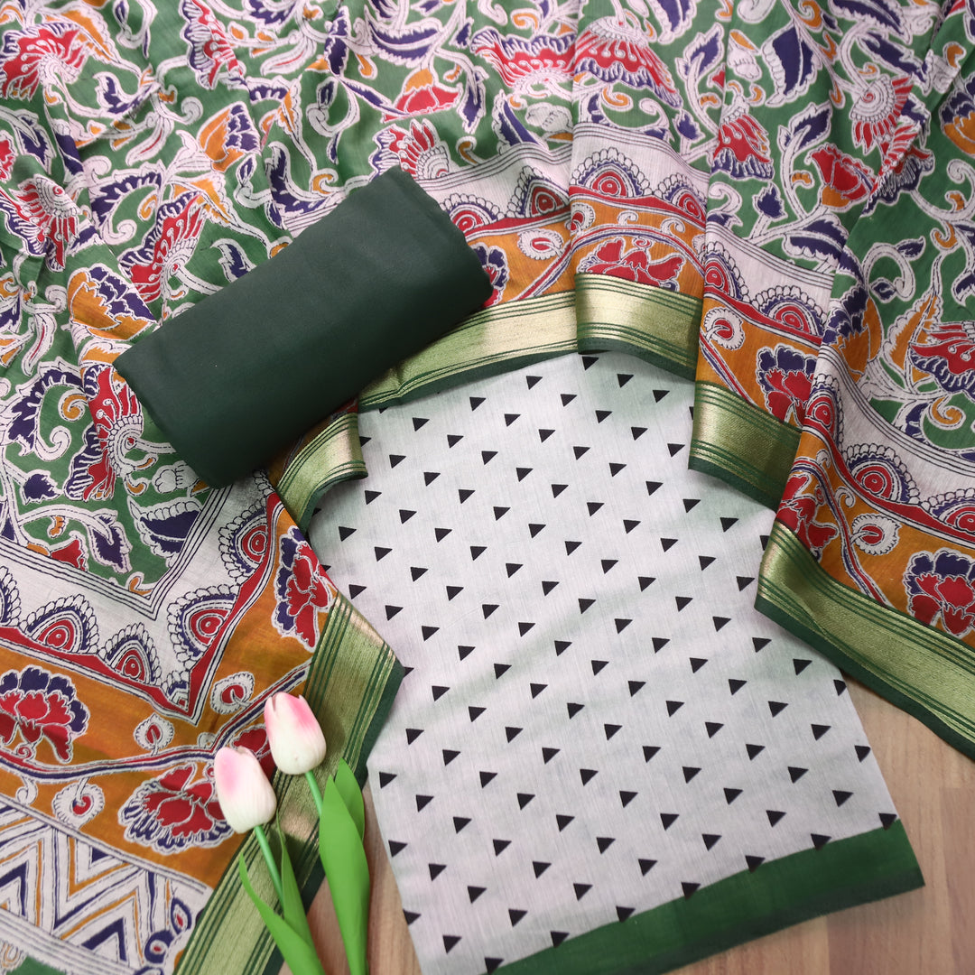 Tamanna Sand Beige with Green Kalamkari Print Maheswari Chanderi Set