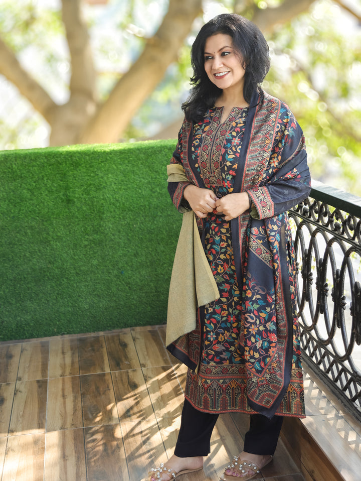 Saawari Ebony Black Round Neck Kanni Print Semi Pashmina 3 Piece Set