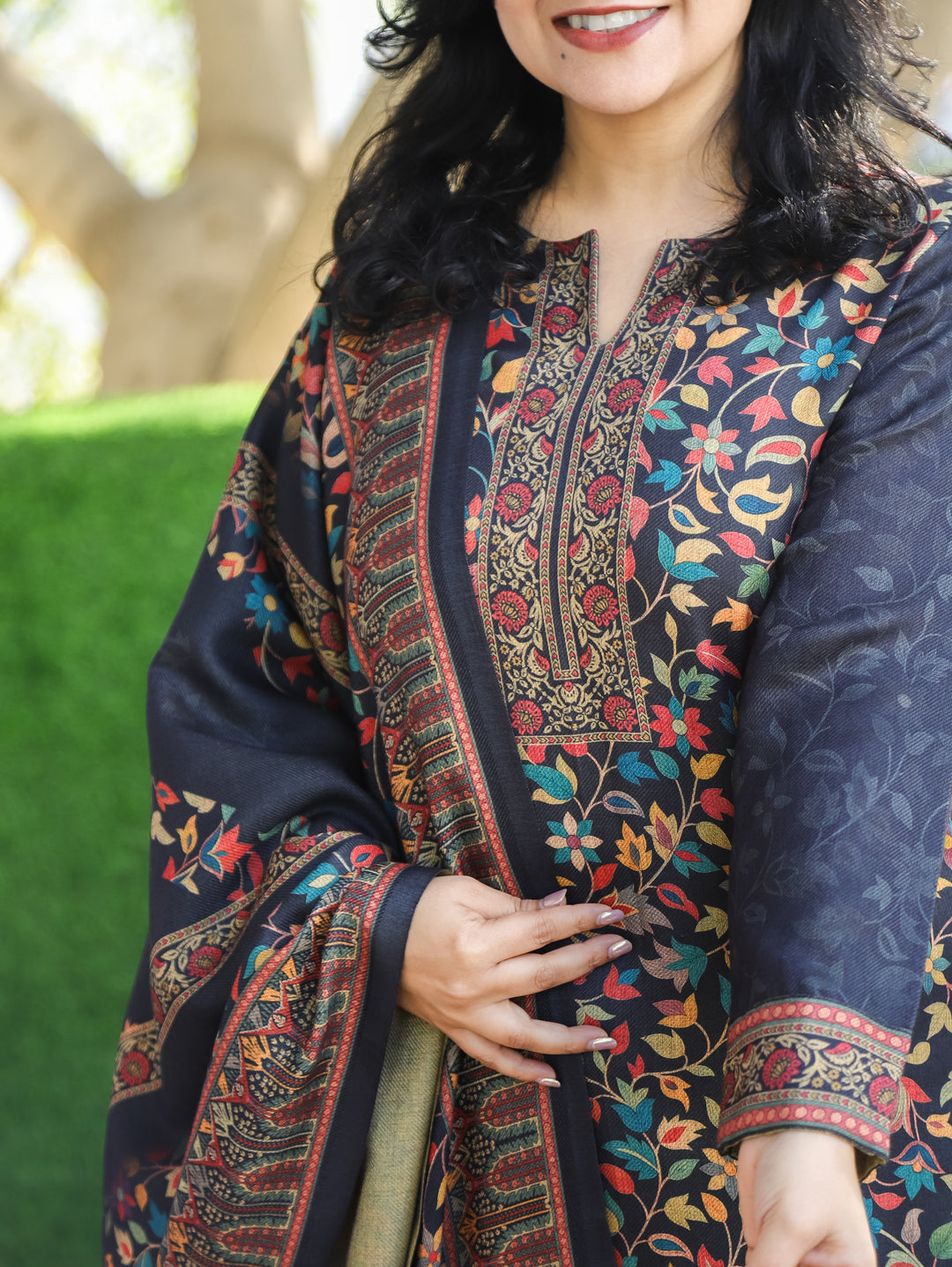 Saawari Ebony Black Round Neck Kanni Print Semi Pashmina 3 Piece Set