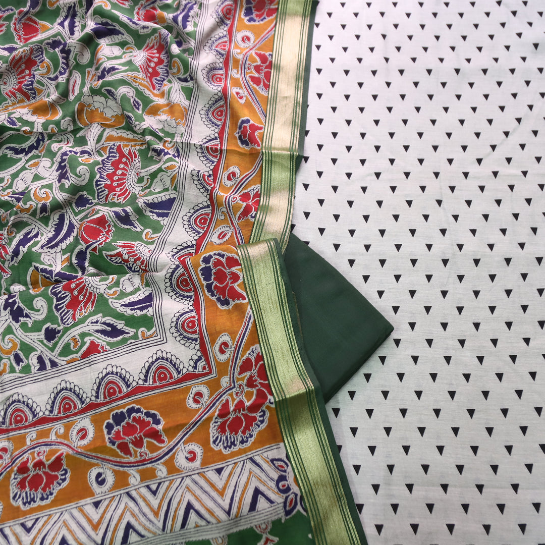 Tamanna Sand Beige with Green Kalamkari Print Maheswari Chanderi Set