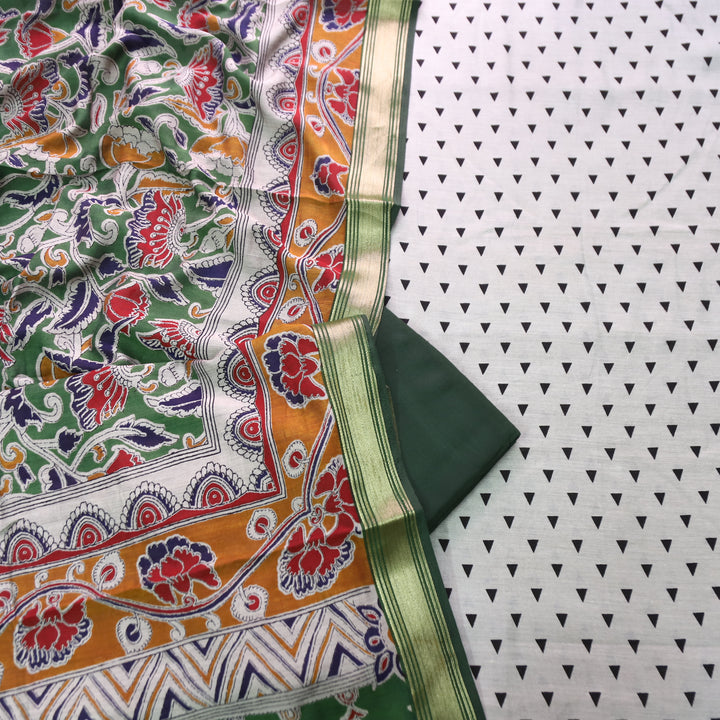 Tamanna Sand Beige with Green Kalamkari Print Maheswari Chanderi Set