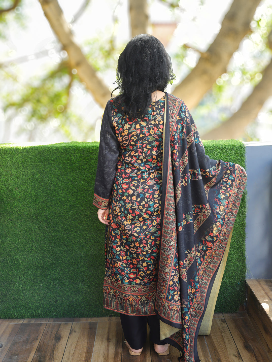 Saawari Ebony Black Round Neck Kanni Print Semi Pashmina 3 Piece Set