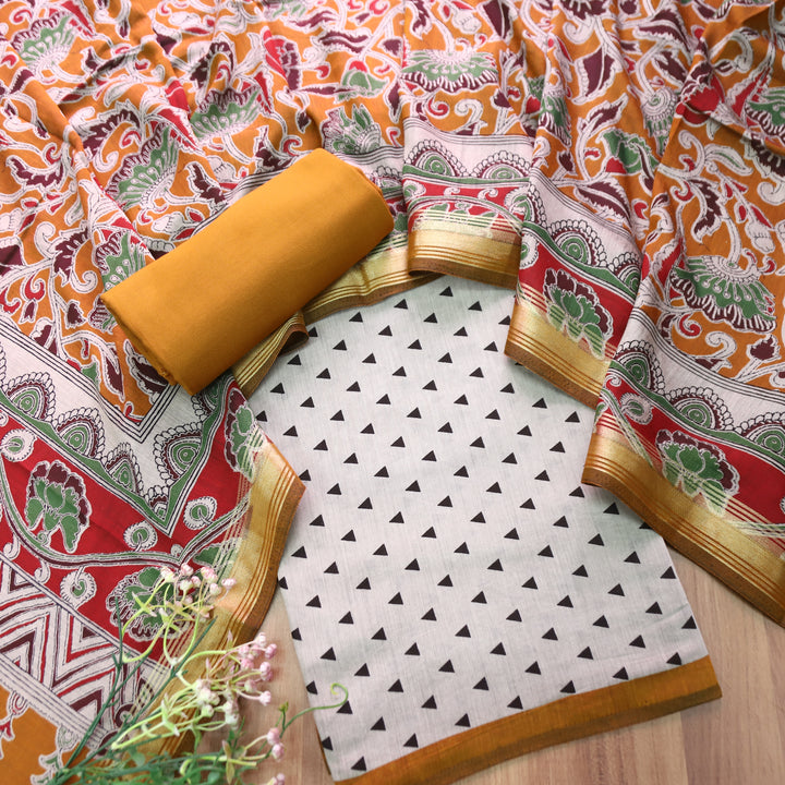 Tamanna Sand Beige with Yellow Kalamkari Print Maheswari Chanderi Set