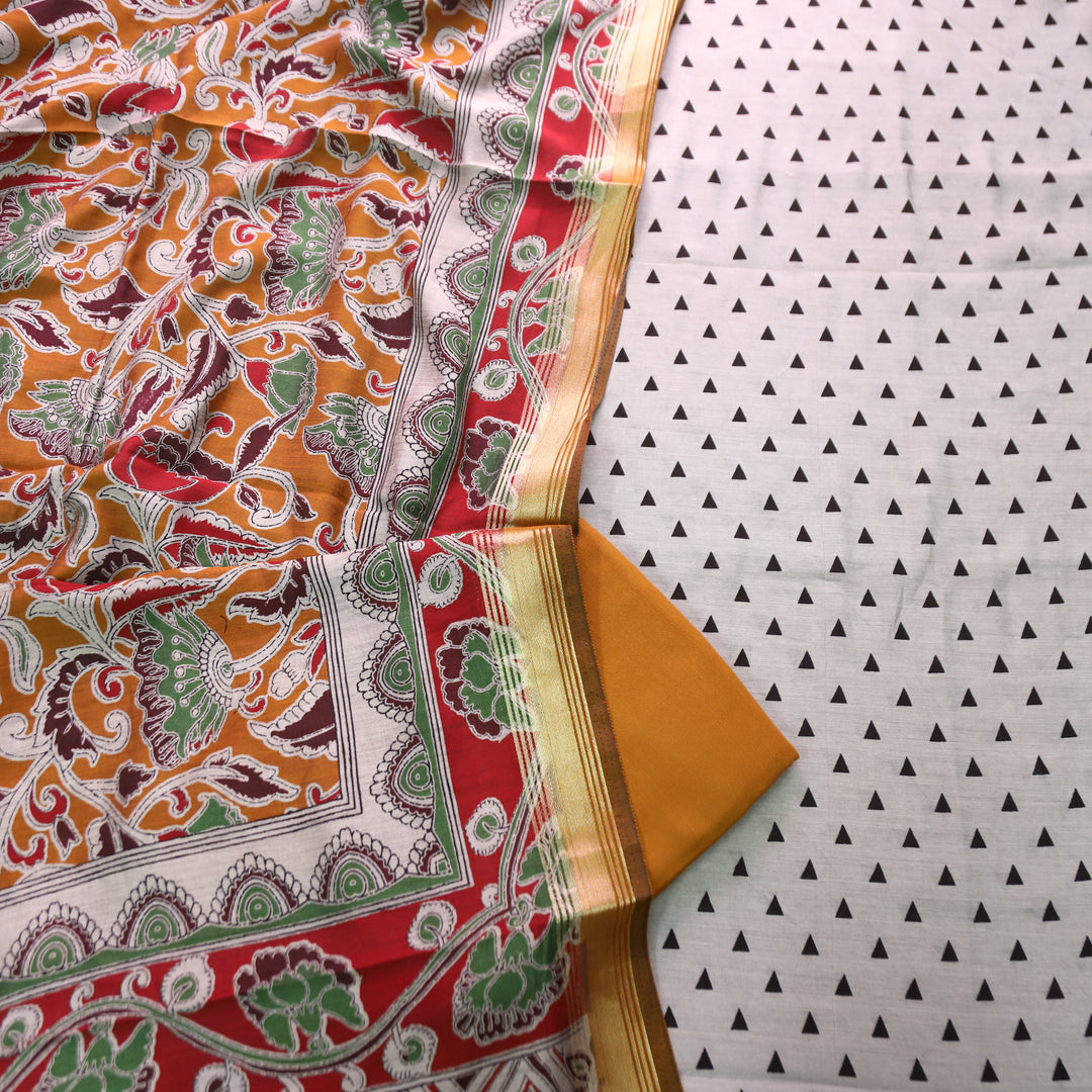 Tamanna Sand Beige with Yellow Kalamkari Print Maheswari Chanderi Set