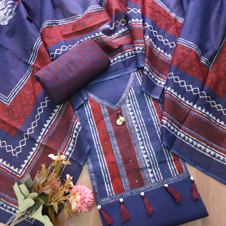 Avisha Blue with Ajrakh Printed Yoke Tessals Cotton Set