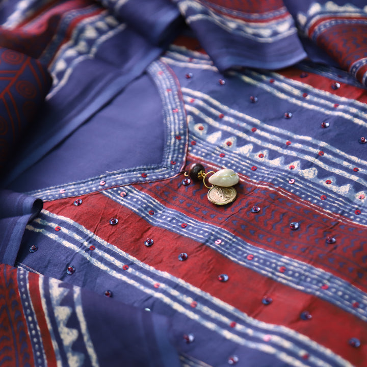 Avisha Blue with Ajrakh Printed Yoke Tessals Cotton Set