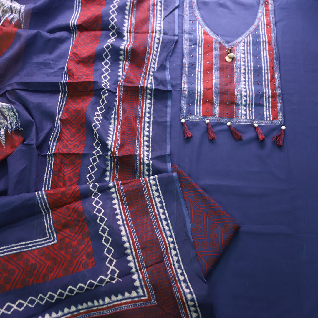 Avisha Blue with Ajrakh Printed Yoke Tessals Cotton Set