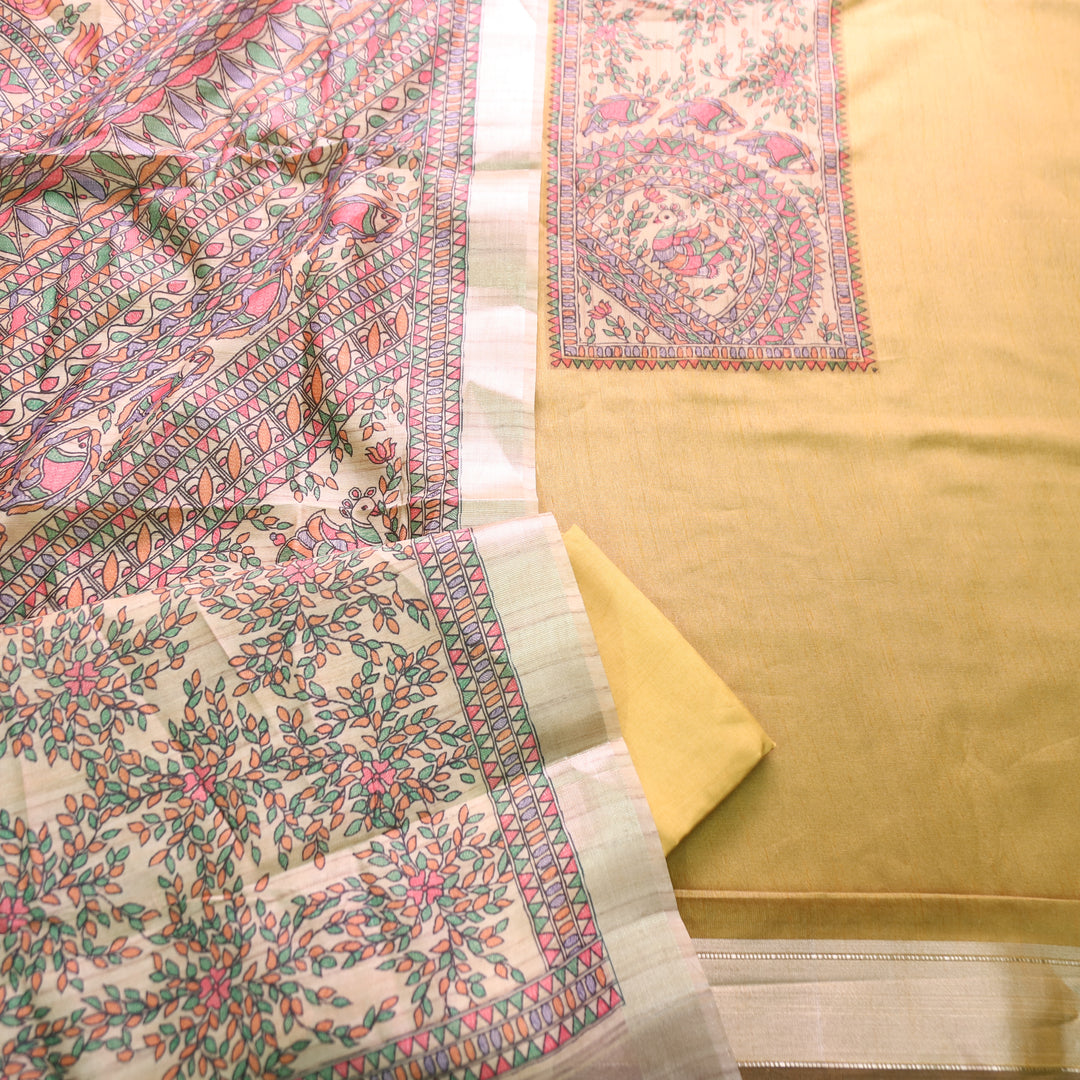 Rishvi Yellow with Madhubani Print Yoke Tussar Chanderi Set