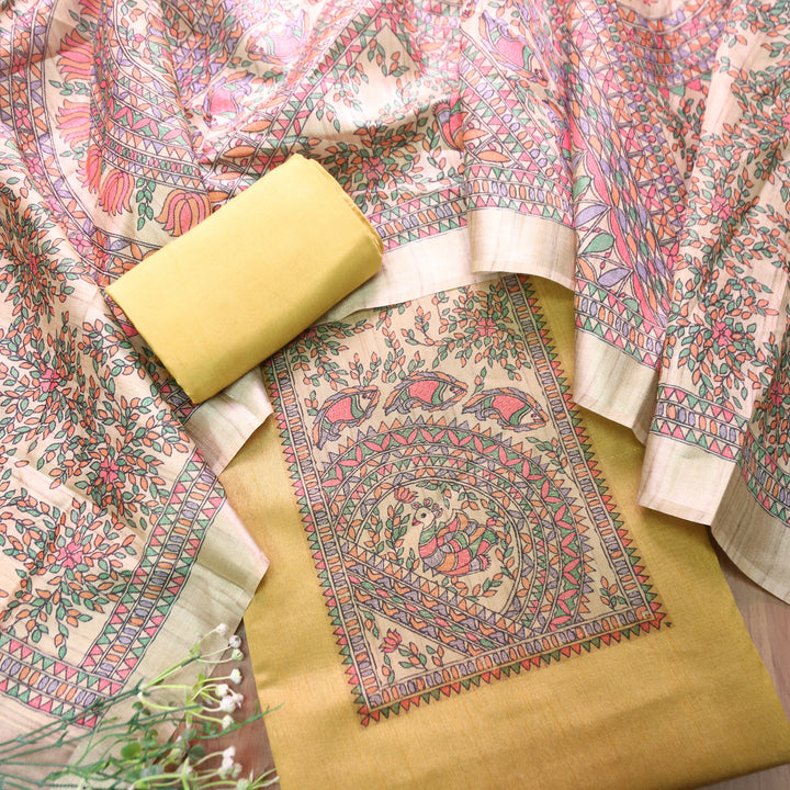 Rishvi Yellow with Madhubani Print Yoke Tussar Chanderi Set