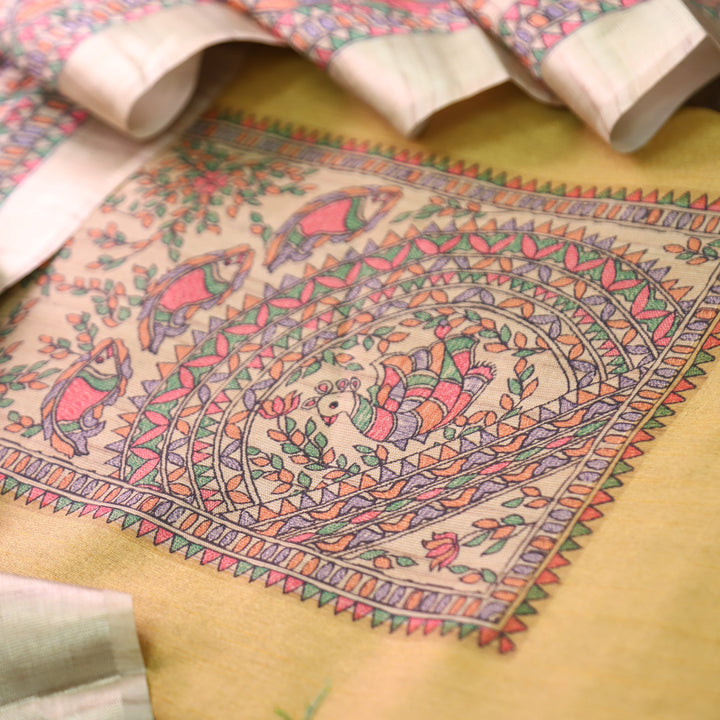 Rishvi Yellow with Madhubani Print Yoke Tussar Chanderi Set