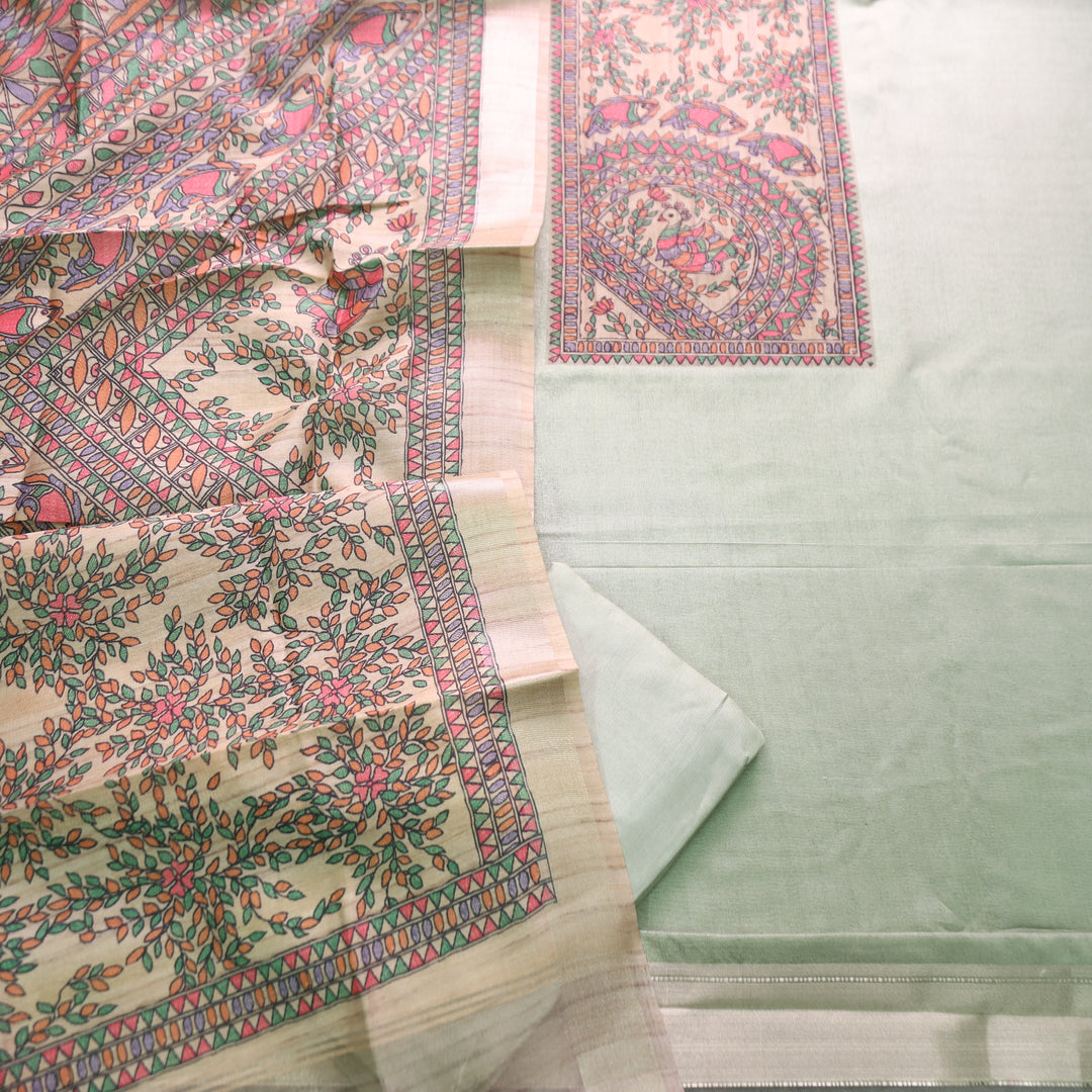 Rishvi Fern Green with Madhubani Print Yoke Tussar Chanderi Set