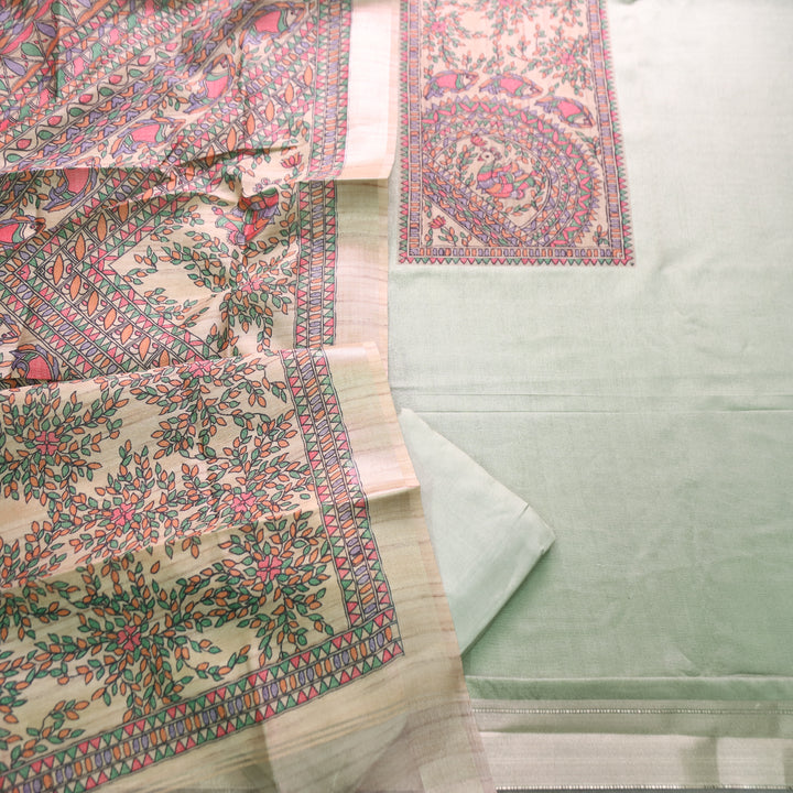 Rishvi Fern Green with Madhubani Print Yoke Tussar Chanderi Set