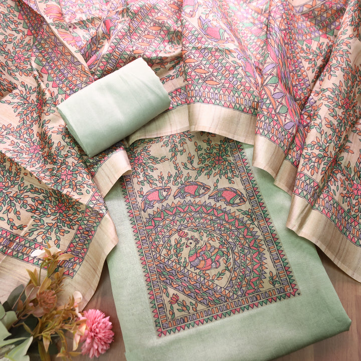 Rishvi Fern Green with Madhubani Print Yoke Tussar Chanderi Set