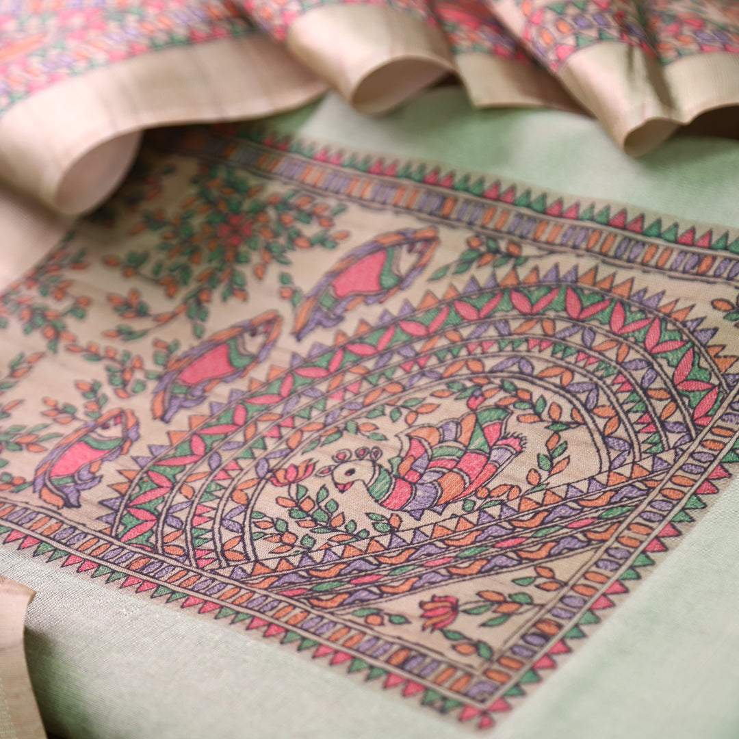 Rishvi Fern Green with Madhubani Print Yoke Tussar Chanderi Set