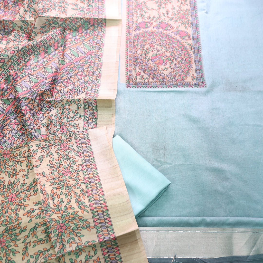 Rishvi Sky Aqua with Madhubani Print Yoke Tussar Chanderi Set