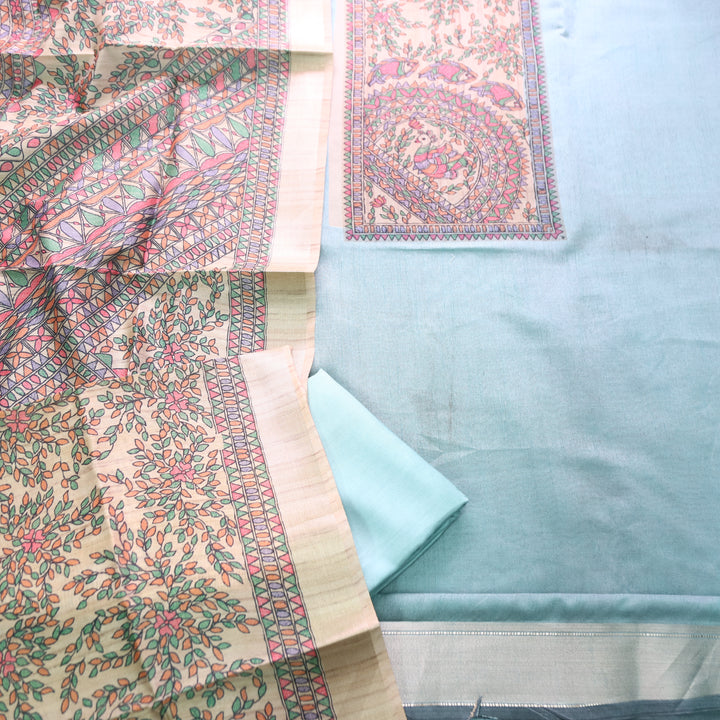Rishvi Sky Aqua with Madhubani Print Yoke Tussar Chanderi Set