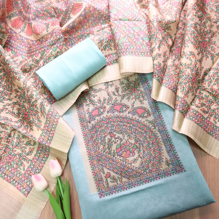 Rishvi Sky Aqua with Madhubani Print Yoke Tussar Chanderi Set