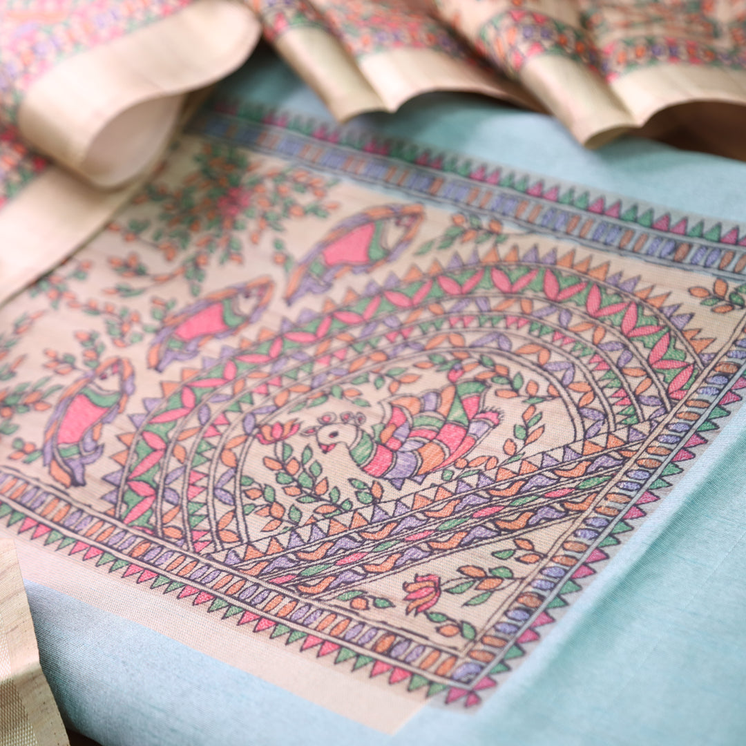 Rishvi Sky Aqua with Madhubani Print Yoke Tussar Chanderi Set