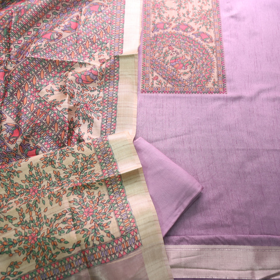 Rishvi Orchid Lavender with Madhubani Print Yoke Tussar Chanderi Set