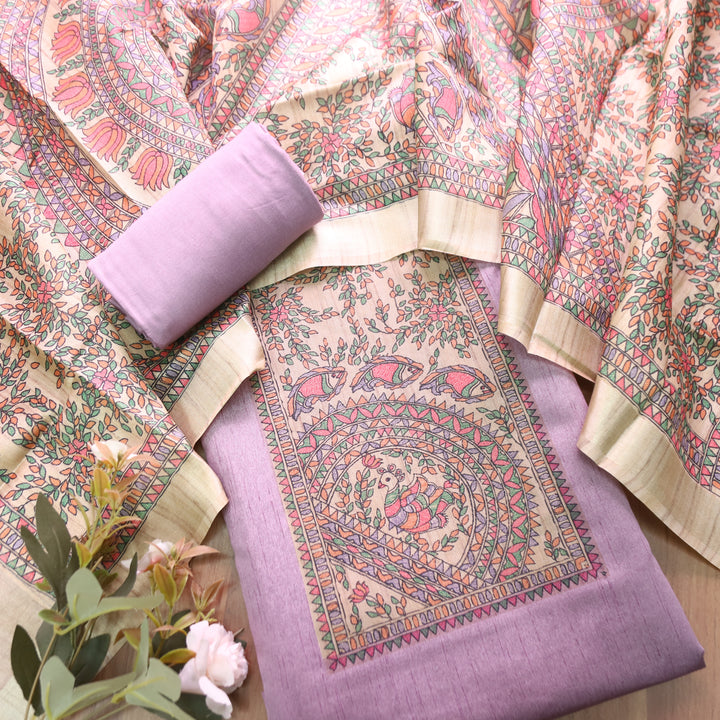 Rishvi Orchid Lavender with Madhubani Print Yoke Tussar Chanderi Set