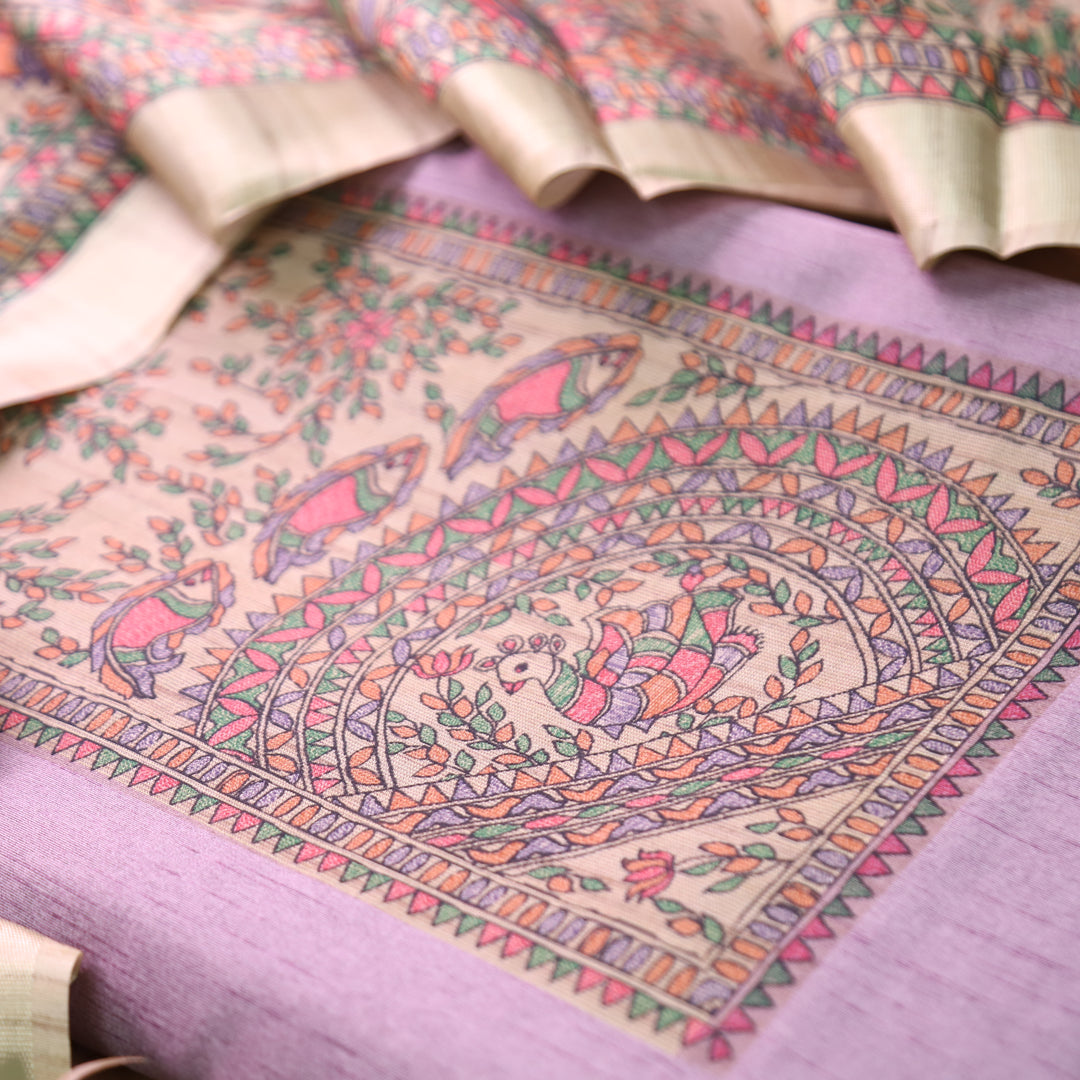 Rishvi Orchid Lavender with Madhubani Print Yoke Tussar Chanderi Set