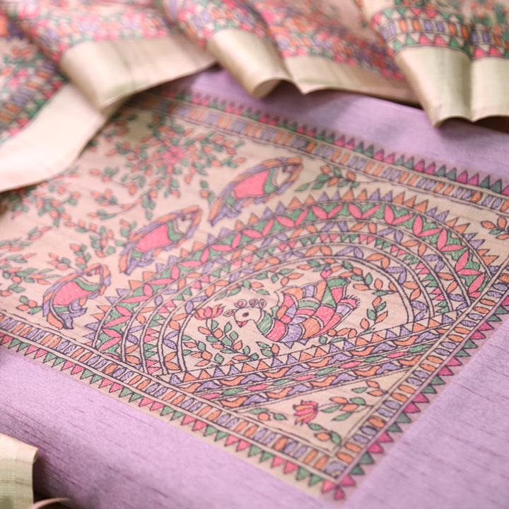 Rishvi Orchid Lavender with Madhubani Print Yoke Tussar Chanderi Set