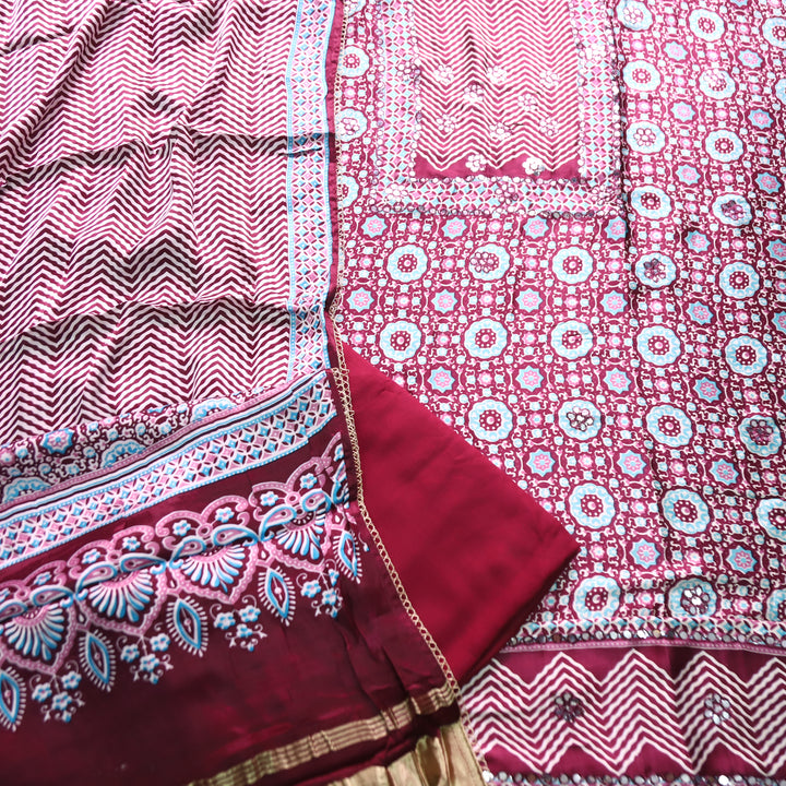 Kavishka Burgundy Wine Digital Printed Panel Style Gajji SIlk Set