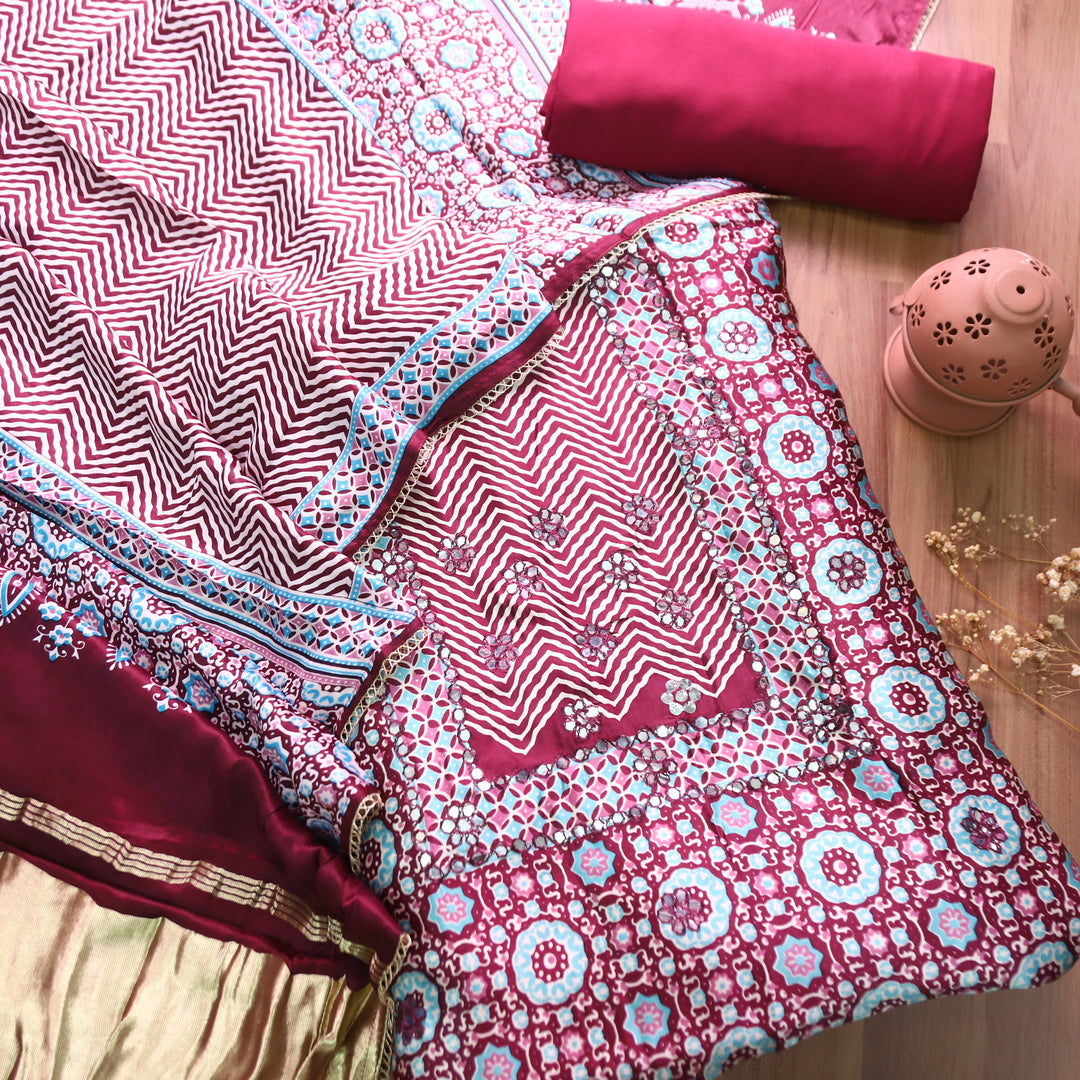 Kavishka Burgundy Wine Digital Printed Panel Style Gajji SIlk Set