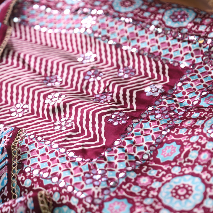 Kavishka Burgundy Wine Digital Printed Panel Style Gajji SIlk Set
