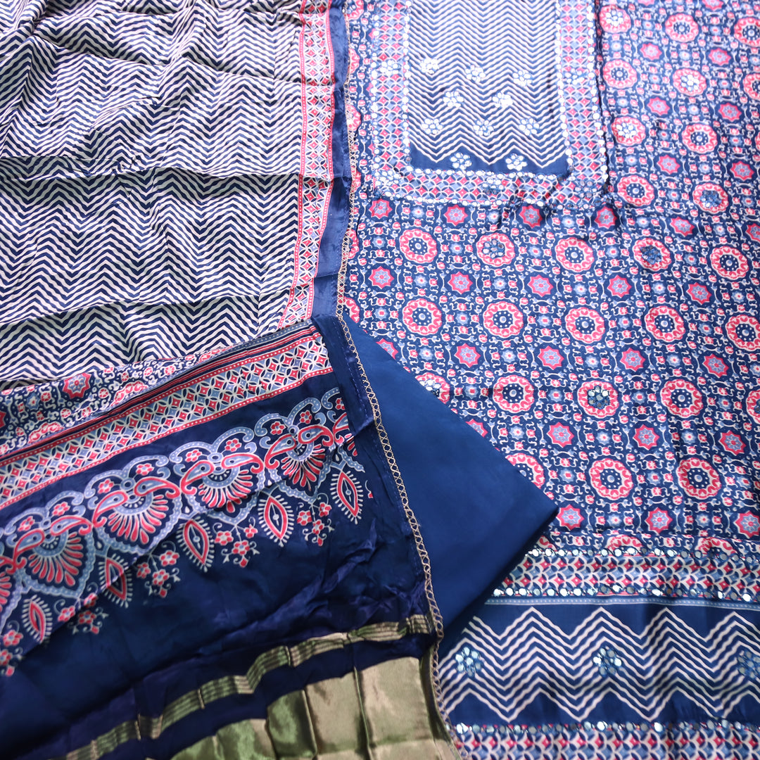 Kavishka Royal Blue Digital Printed Panel Style Gajji SIlk Set