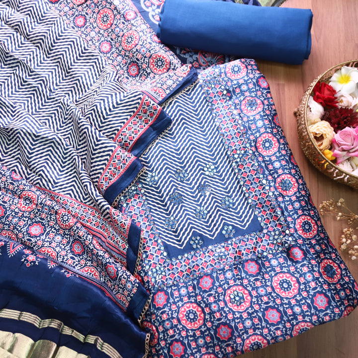 Kavishka Royal Blue Digital Printed Panel Style Gajji SIlk Set
