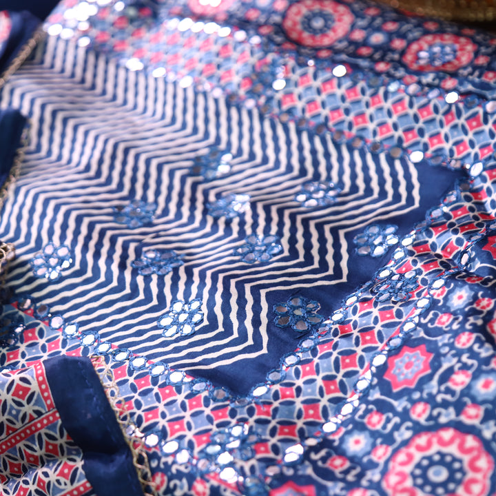 Kavishka Royal Blue Digital Printed Panel Style Gajji SIlk Set