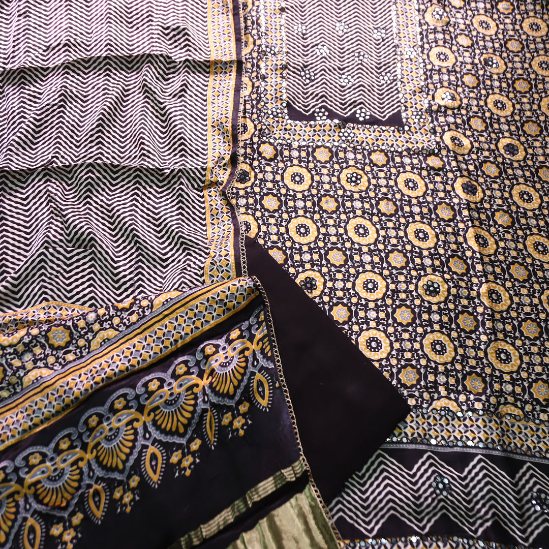 Kavishka Castle Black Digital Printed Panel Style Gajji SIlk Set
