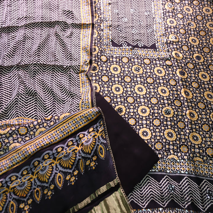 Kavishka Castle Black Digital Printed Panel Style Gajji SIlk Set