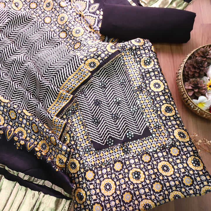 Kavishka Castle Black Digital Printed Panel Style Gajji SIlk Set