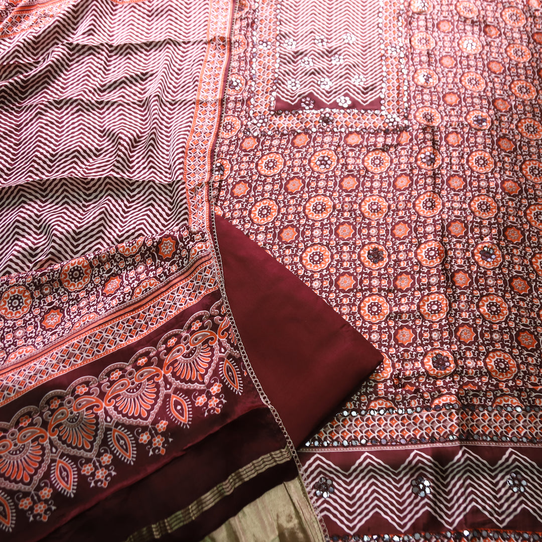 Kavishka Maroon Red Digital Printed Panel Style Gajji SIlk Set