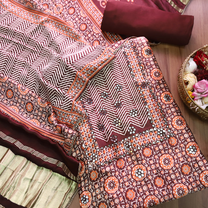 Kavishka Maroon Red Digital Printed Panel Style Gajji SIlk Set
