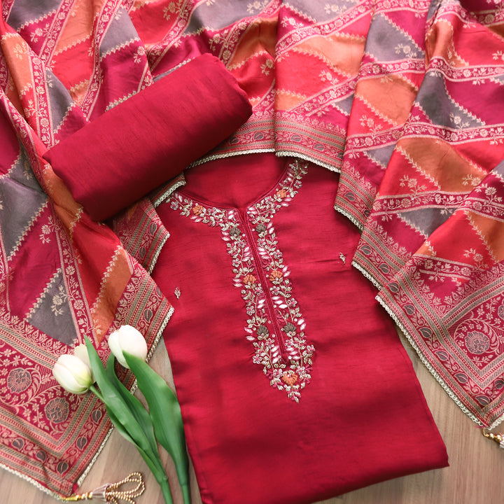 Shreya Maroon Red Embellish Neck Work with French Knot Detailing Dola Silk Set