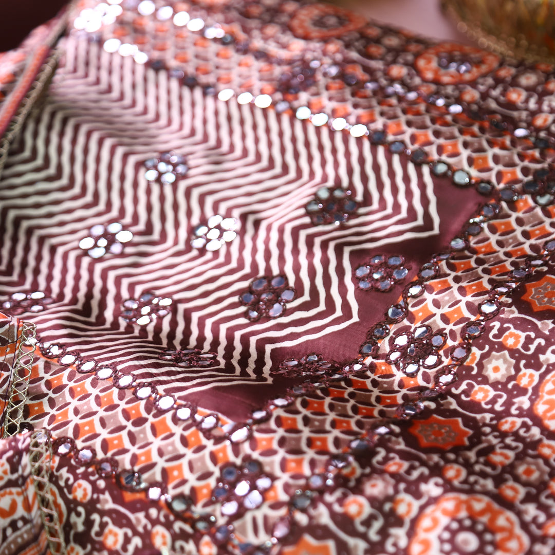 Kavishka Maroon Red Digital Printed Panel Style Gajji SIlk Set