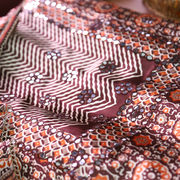 Kavishka Maroon Red Digital Printed Panel Style Gajji SIlk Set