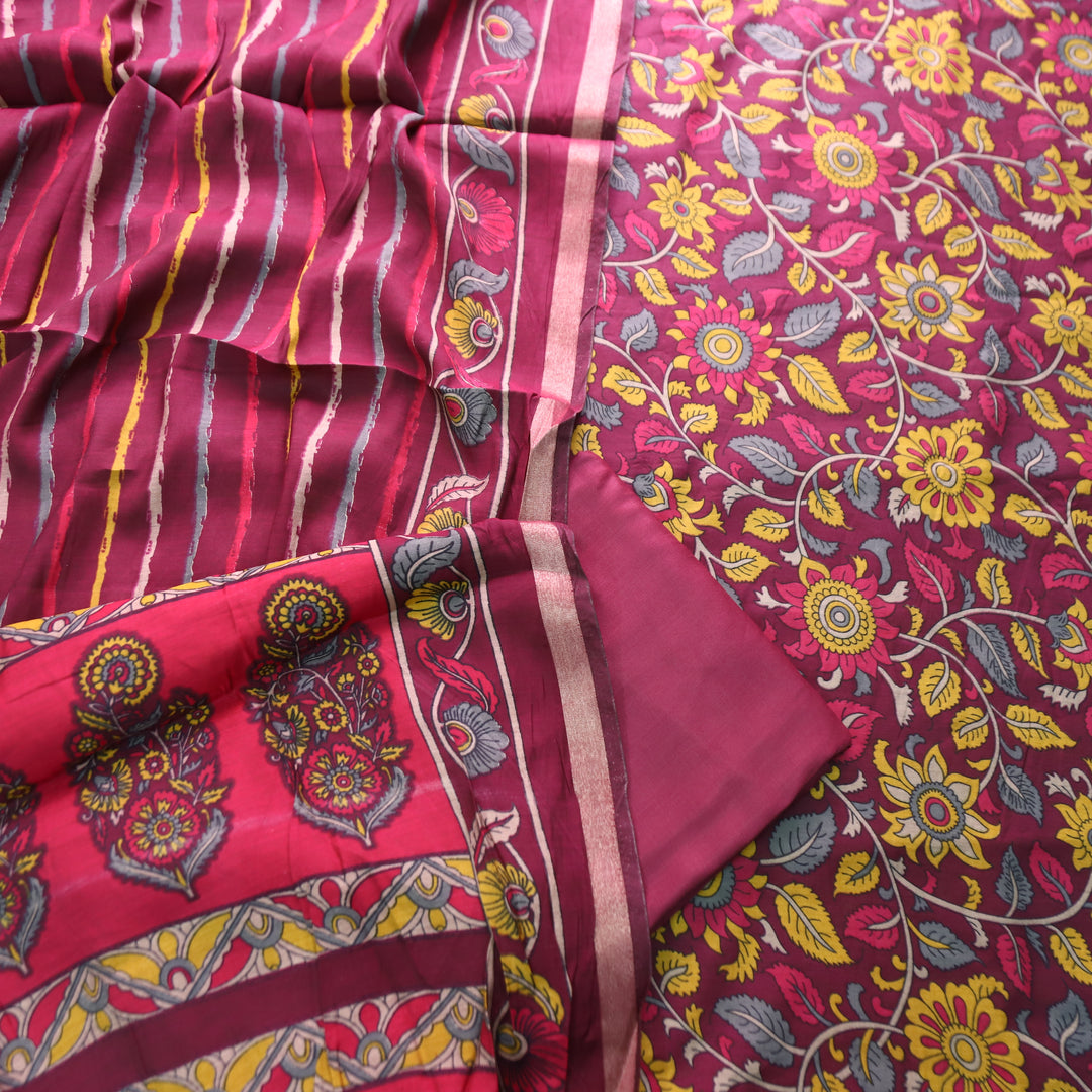 Riyanshi Burgundy Wine Kalamkari Printed Maheswari Chanderi Set