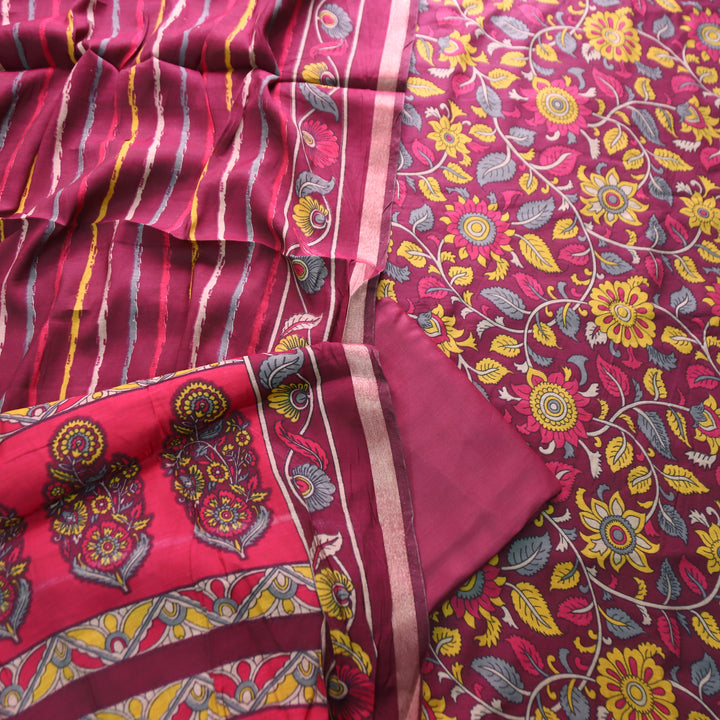 Riyanshi Burgundy Wine Kalamkari Printed Maheswari Chanderi Set