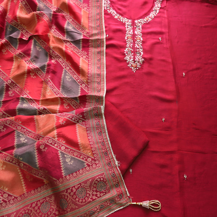 Shreya Maroon Red Embellish Neck Work with French Knot Detailing Dola Silk Set
