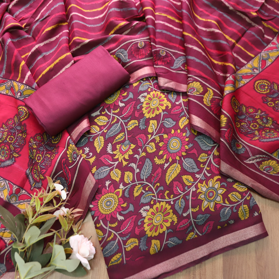 Riyanshi Burgundy Wine Kalamkari Printed Maheswari Chanderi Set