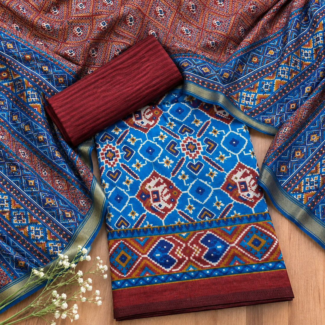Pravi Sky Blue All Over Patola Shadow Printed Work Muslin Silk Set