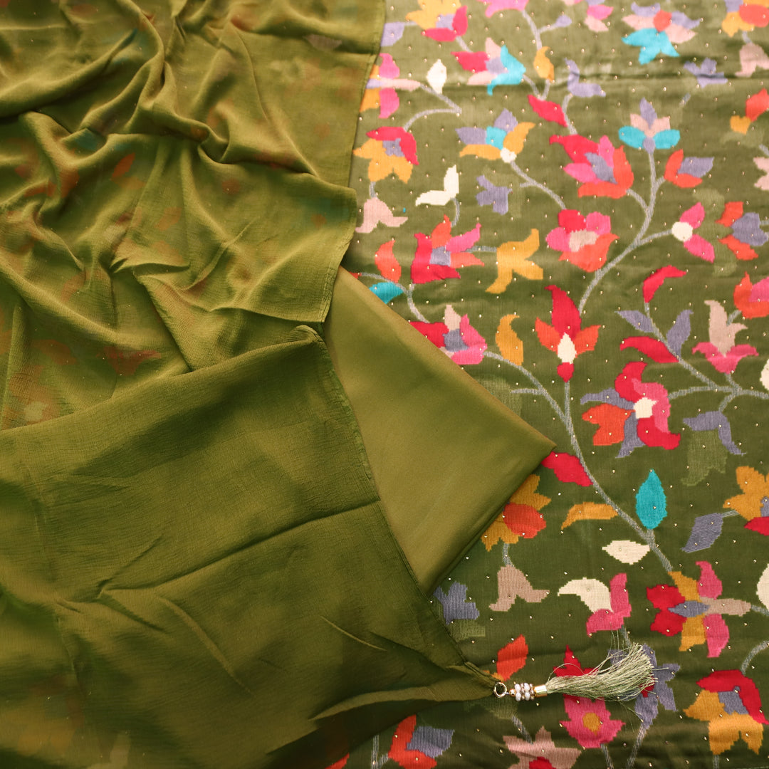 Deewani Forest Green Digital Floral Printed with Swarovski Work Cotton Rayon Set