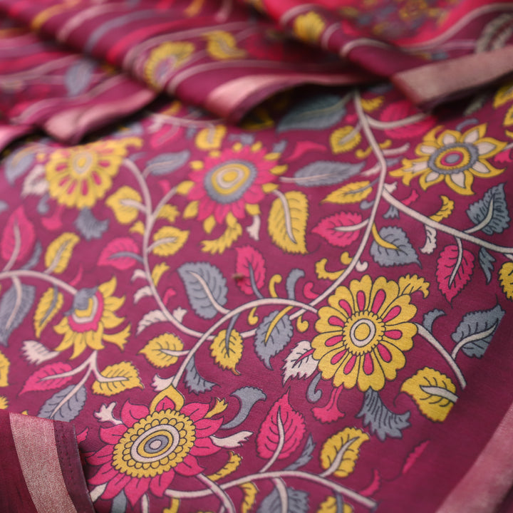 Riyanshi Burgundy Wine Kalamkari Printed Maheswari Chanderi Set