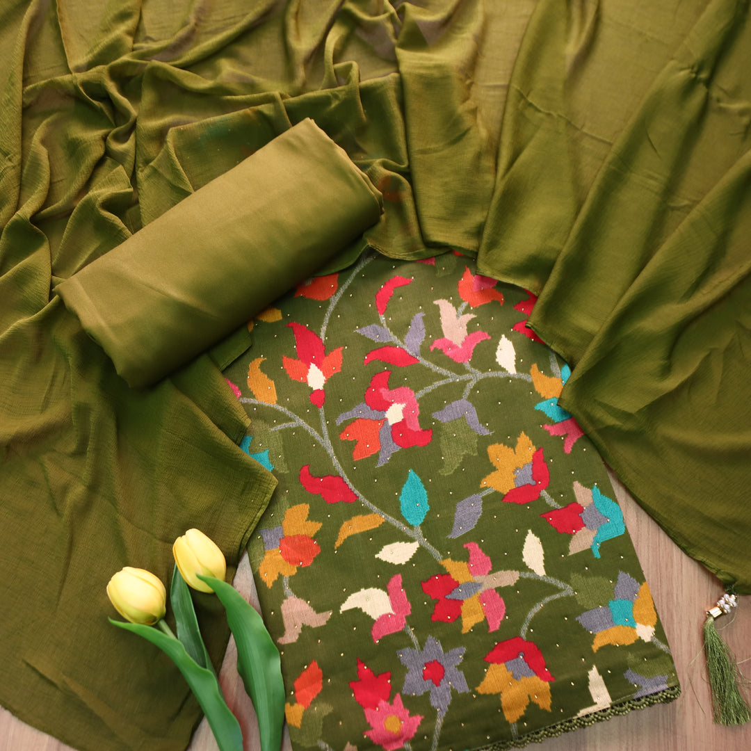 Deewani Forest Green Digital Floral Printed with Swarovski Work Cotton Rayon Set